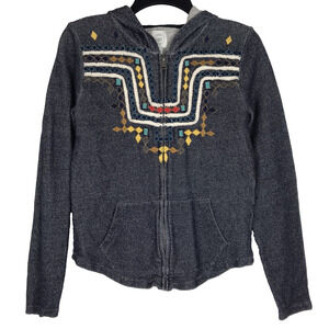 Lucky Lotus Hoodie Full Zip Up Embroidered Navy Cotton Knit Pockets Boho Medium